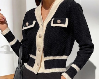 Chic Black & White Knit Cardigan – Pearl Button Cropped Sweater with Contrast Trim | Elegant Preppy Knitwear for Women