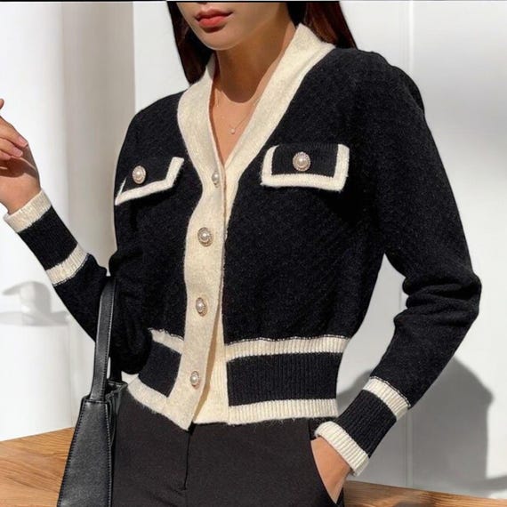 Chic Black & White Knit Cardigan – Pearl Button Cropped Sweater