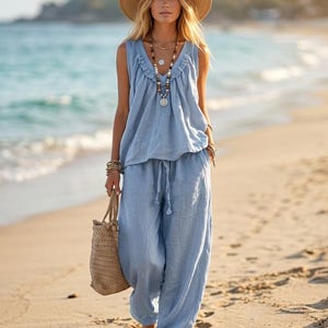 Linen Blend V-Neck Ruffle Top and Wide Leg Shalwar Set - Breathable Summer Two Piece Lounge Outfit