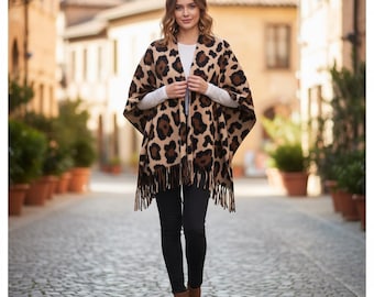 Thick Warm Leopard Print Tassel Shawl | Jacquard Imitation Wrap | Stylish Winter Scarf