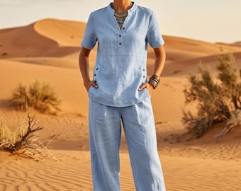 Conjunto de dos piezas de lino para mujer: pantalón ancho estilo boho y túnica de manga corta con botones. Conjunto informal de verano para estar en casa.