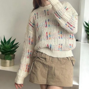 Suéter feminino de malha com gola redonda e mangas compridas - Blusa de malha casual folgada, leve e confortável.