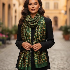 Elegant Emerald Green and Gold Silk-Feel Scarf - Geometric Swirl Pattern Lightweight Shawl - Luxury Gift for Her, Chic Italian Style Accesso