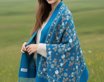 Embroidered Shawl Warm Thick Fringed Scarf Cozy Winter Wrap Boho Embroidery Scarf Soft Warm Shawl for Women Gift
