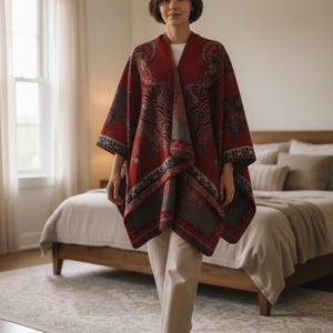 Poncho-capa de invierno para mujer: chal estampado extragrande, cárdigan abierto por delante, abrigo tipo manta-bufanda acogedora.