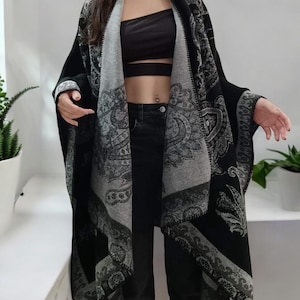 Poncho/capa estampado para mujer, chal extragrande, cárdigan abierto por delante, abrigo tipo bufanda/manta, prenda de abrigo de invierno.
