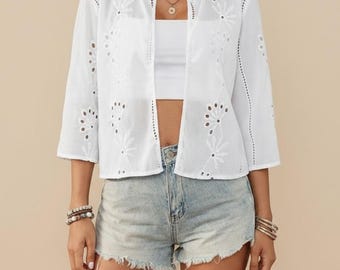 Boho Eyelet Embroidered Cotton Cardigan – White Summer Kimono Top, Lightweight Floral Lace Cover Up for Women