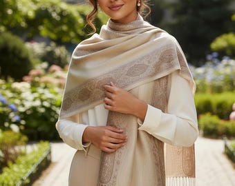 Beige Paisley Pashmina Shawl - Elegant Lightweight Scarf for Weddings, Evening Wrap, Floral Jacquard Oversized Scarf, Gift for Her