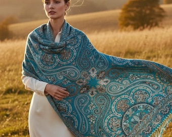 Large Teal Paisley Pashmina Scarf, Floral Printed Shawl for Women, Elegant Evening Wrap, Boho Winter Accessories, Gift for Her