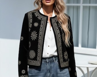 Embroidered Black Jacket - Boho Celestial Star Pattern Short Cardigan - Vintage Style Open Front Coat for Women