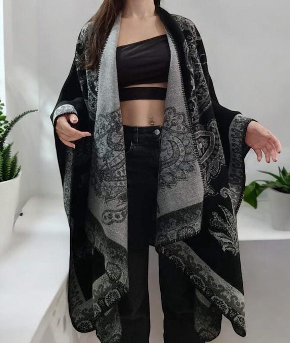 Women’s Printed Poncho Cape, Oversized Shawl Wrap, Open Front Cardigan, Blanket Scarf Coat, Warm Winter Layer