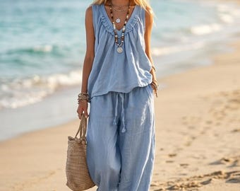 Linen Blend V-Neck Ruffle Top and Wide Leg Shalwar Set - Breathable Summer Two Piece Lounge Outfit