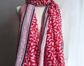 Red Cotton Scarf – Reversible, Fringe, Soft & Lightweight Wrap, Boho Chic Gift for Women