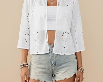 Boho Eyelet Embroidered Cotton Cardigan – White Summer Kimono Top, Lightweight Floral Lace Cover Up for Women