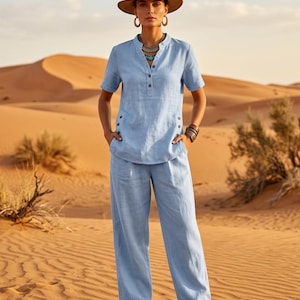 Linen Blend Two Piece Set for Women - Boho Wide Leg Trousers and Button Up Short Sleeve Tunic - Casual Summer Loungewear Co-ord