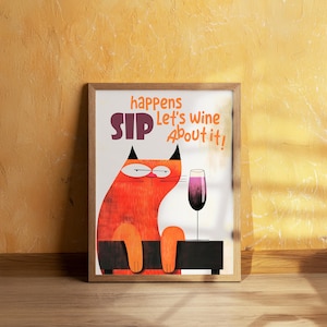 Wydruk artystyczny z kotem z winem, zabawny plakat z kotem z winem do kuchni lub baru, prezent dla mamy kota, fantazyjna sztuka ścienna, cyfrowy wystrój kota, prezent dla miłośnika kotów