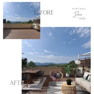 Pode incluir: Imagens antes e depois de um terraço no telhado. A imagem anterior mostra um terraço vazio com vista para as montanhas. A imagem posterior mostra o terraço mobiliado com uma mesa de jantar, cadeiras, um sofá de vime, uma mesa de café de vime e uma cadeira de vime com uma manta rosa. O terraço tem vista para as montanhas e um céu azul.