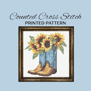 Boots & Blooms Cross Stitch Pattern: Cowboy Boots with Sunflowers