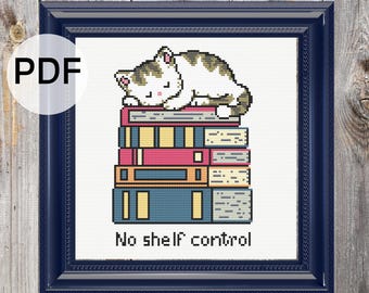 Sleeping Cat on Books Cross Stitch Pattern: Funny Book Lover Design, PDF Pattern