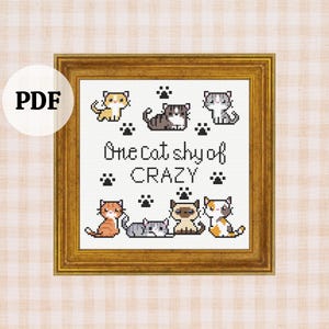 Funny Cat Cross Stitch Pattern PDF, One Cat Shy of Crazy, Cat Cross Stitch, Snarky Cross Stitch, Digital Cross Stitch Pattern