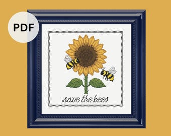 Patrón de punto de cruz "Salva a las abejas": Girasol y abejorro (patrón en PDF)