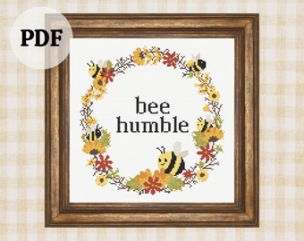 Bee Humble Cross Stitch Pattern: Bumblebee Flower Wreath, PDF Pattern