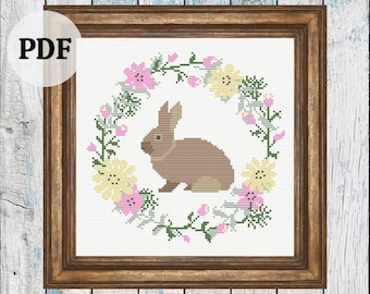 Bunny in Bloom Cross Stitch Pattern: Spring Rabbit Design, PDF Pattern