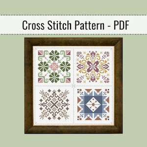 May include: A framed cross-stitch pattern featuring four distinct designs. The patterns include floral and geometric motifs in shades of green, pink, brown, gold, and blue. The text "Cross Stitch Pattern - PDF" is displayed at the top.