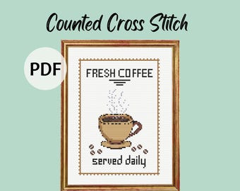 Patrón de punto de cruz de café recién hecho, patrón en PDF