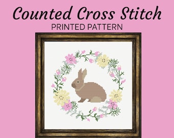Bunny Bloom Cross Stitch Pattern: Spring Rabbit Wreath (Printed)