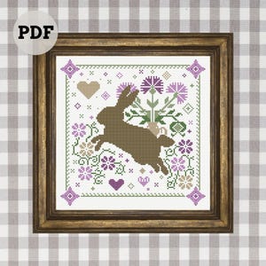 Primitive Meadow Hare Cross Stitch Pattern PDF, Rabbit Cross Stitch, Vintage Cross Stitch, Digital Cross Stitch, Bunny Cross Stitch