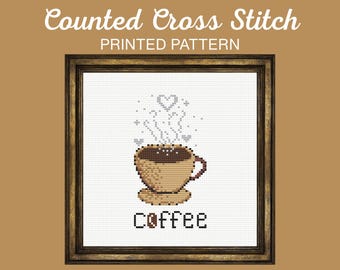 Brewed with Love Coffee Cross Stitch Pattern, Printed Pattern