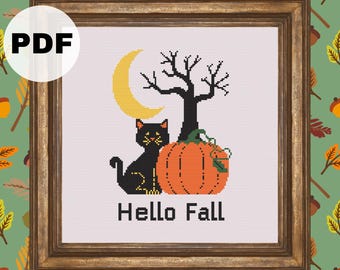 黒猫とかわいいカボチャ、クロスステッチのパターン、ハロウィンの友達