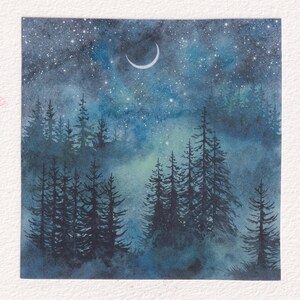 Sticker forêt enchantée vinyle brillant ciel nocturne Sticker aquarelle forêt sombre forêt pour ordinateur portable Sticker ciel nocturne Cottagecore