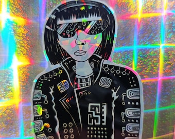 Cyberpunk meisje sticker hacker holografisch cadeau voor programmeur holo techno prismatic sticker nerdy geeky