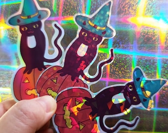 Schwarze Katze Holo Aufkleber Kürbis Halloween Holo Kawaii Kitty irisierender lustiger Aufkleber