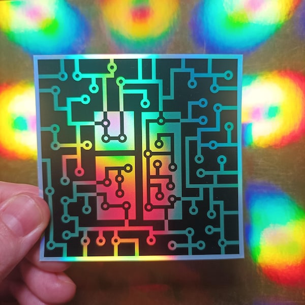 Pegatina holográfica ciberpunk, vaporwave, cybercore, matrix, regalo para programador, microchip, iridiscente, webcore, retrowave, nerd, geek