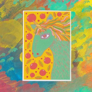 Adesivo unicorno in vinile lucido, fantasy, allegro, psichedelico, psichedelico, hippie, anni '60, per laptop, retro, colorato, decalcomania per planner.