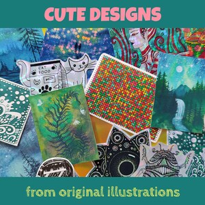 May include: A collection of colorful art prints and stickers featuring various designs. The prints showcase illustrations of landscapes, patterns, and whimsical characters. Text at the top reads "CUTE DESIGNS" and at the bottom "from original illustrations".
