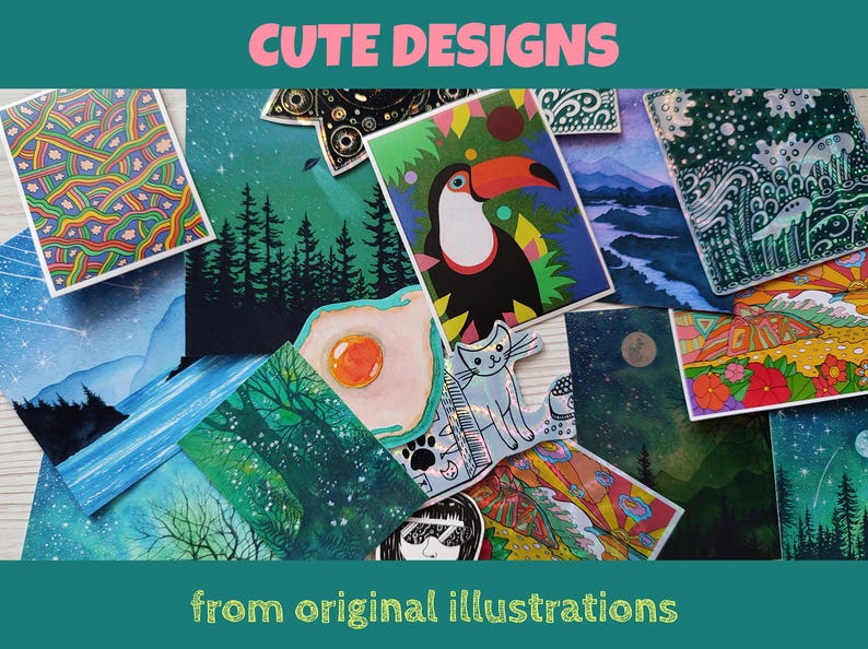 May include: A collection of colorful art prints featuring various illustrations. The prints showcase diverse themes, including a toucan, landscapes, and abstract patterns. The text "CUTE DESIGNS" and "from original illustrations" are displayed.