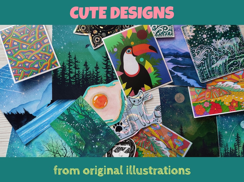 May include: A collection of colorful art prints featuring various illustrations. The prints showcase diverse themes, including a toucan, landscapes, and abstract patterns. The text "CUTE DESIGNS" and "from original illustrations" are displayed.
