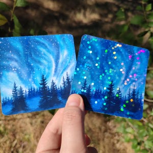 Adesivo de floresta, adesivos de luzes do norte, decalque de floresta, adesivos de noite estrelada, decalque holográfico para laptop ou designs cottagecore para planejador