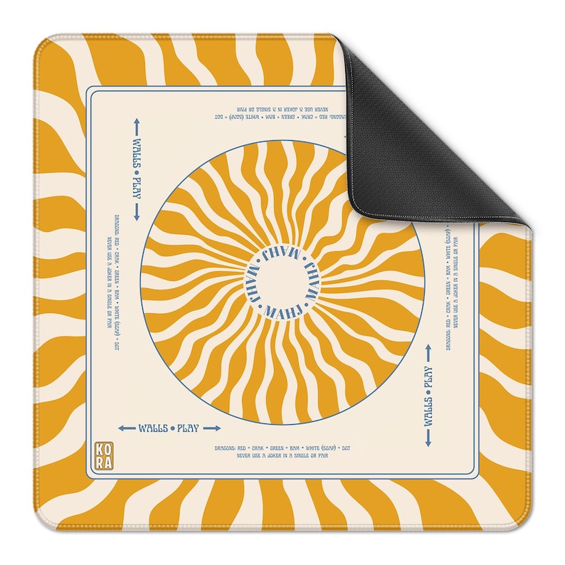 May include: A square mousepad with a retro design. The mousepad features a cream-colored center with a radiating sunburst pattern in yellow. The border is yellow with wavy lines. Text includes "WALLS PLAY" and "MAHJ".