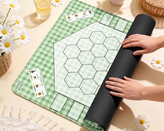 Green Gingham Settlers Game Mat 25x25 | Hex Tile Strategy Mat | Resource Trading Table Playmat | Modern Modular Board Game Mat