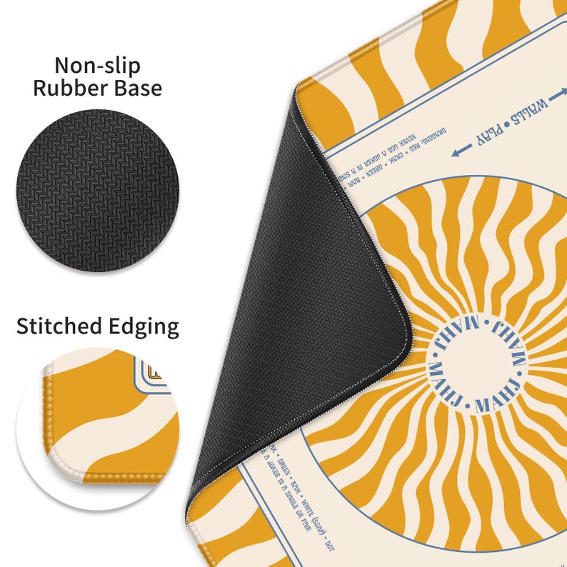 May include: A close-up of a mousepad with a non-slip rubber base and stitched edging. The design features a yellow and cream-colored sunburst pattern with text. The mousepad is designed for use with a computer.