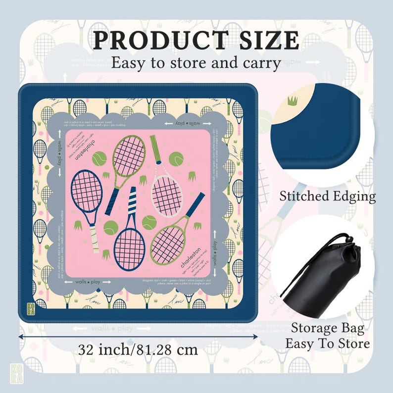May include: A tennis-themed mat with a pink center featuring tennis rackets and balls. The mat is 32 inches (81.28 cm) wide and has a blue border. Includes a storage bag for easy carrying. The text on the mat says "charleston" and "walls play".
