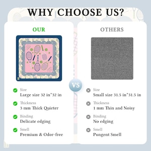 May include: A comparison graphic with the text "WHY CHOOSE US?" shows a tennis-themed design versus a gray square. The "OUR" side features a 32-inch square with tennis rackets and balls, while the "OTHERS" side shows a smaller, plain gray square.