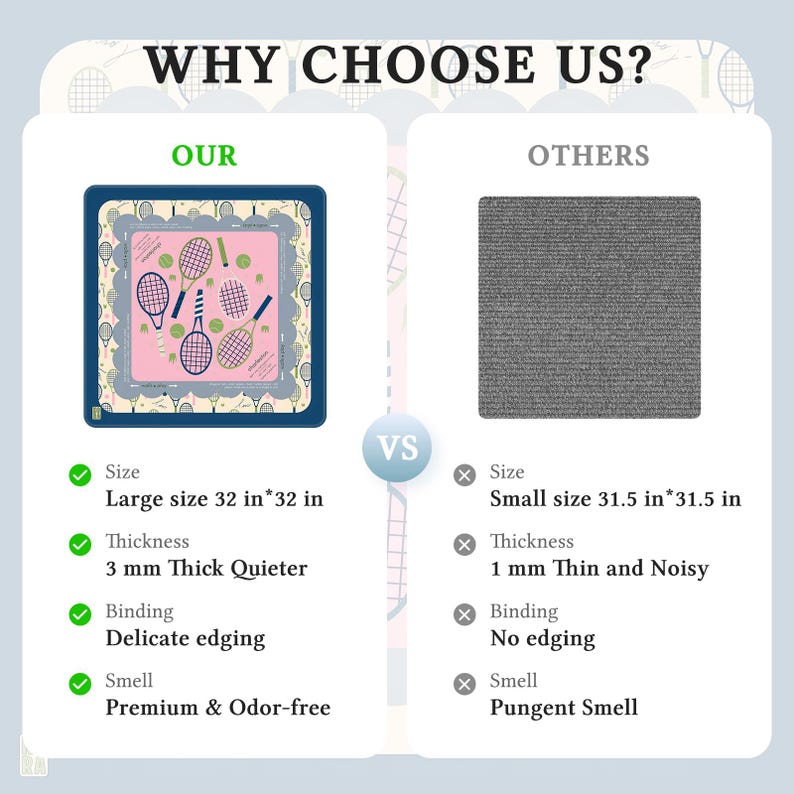 May include: A comparison graphic with the text "WHY CHOOSE US?" shows a tennis-themed design versus a gray square. The "OUR" side features a 32-inch square with tennis rackets and balls, while the "OTHERS" side shows a smaller, plain gray square.