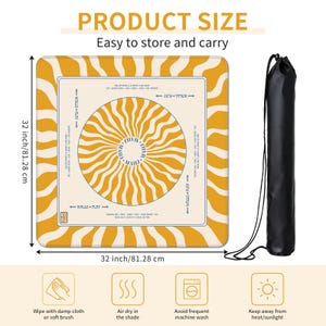May include: A square, mustard-yellow play mat with a cream-colored center featuring a spiral design. The mat is 32 inches (81.28 cm) square and includes a black carrying bag. Text on the mat reads "PRODUCT SIZE" and "Easy to store and carry."