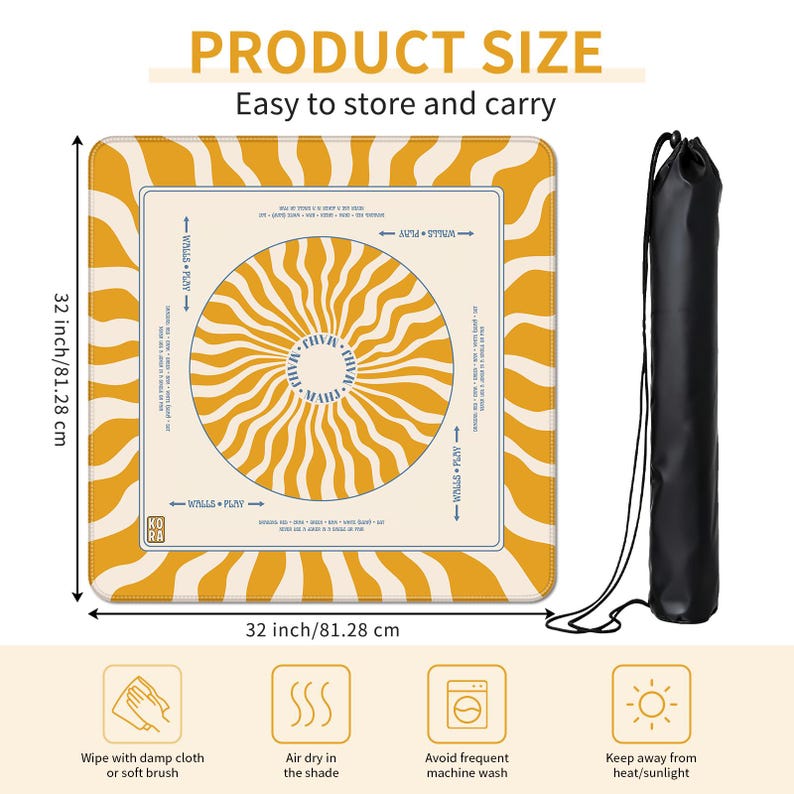 May include: A square, mustard-yellow play mat with a cream-colored center featuring a spiral design. The mat is 32 inches (81.28 cm) square and includes a black carrying bag. Text on the mat reads "PRODUCT SIZE" and "Easy to store and carry."